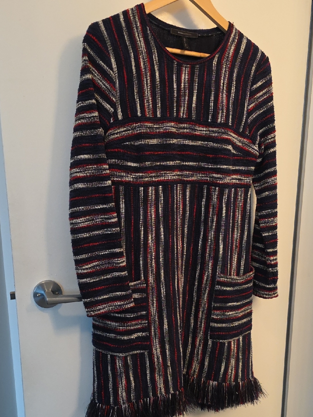 BCBGMaxAzria Navy Fringed Dress with Red and White Stripes